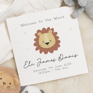 New Baby Card, Personalised Baby Card, Welcome To The World Card, Baby Lion Card, Baby Boy Card, Baby Girl Card, Animal Baby Card