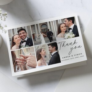 Biglietti di ringraziamento con foto di matrimonio, biglietti di ringraziamento con più foto per matrimonio, biglietti di ringraziamento piegati, biglietti di ringraziamento con cartolina orizzontale, personalizzati