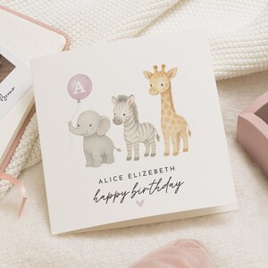 Cartão de aniversário personalizado para menina, cartão de aniversário de animal de safári, cartão de girafa, elefante e zebra, cartão de aniversário fofo para filha