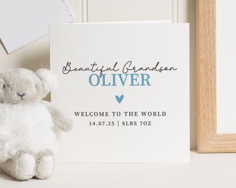 Nieuwe babykaart voor kleinzoon, gepersonaliseerde kleinzoonkaart, Welcome to the World-kaart, kaart voor babyjongen, geboortekaart kleinzoon