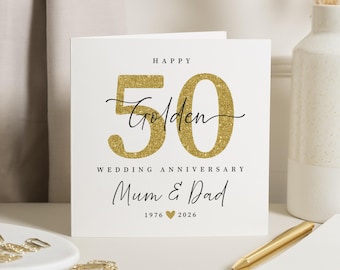Golden Wedding Anniversary Card, 50th Anniversary Card for Mum and Dad, Personalised 50th Wedding Card, Anniversary Card for Parents