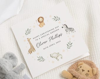 Cartão de Batizado para Afilhado, Cartão de Batizado com Animais da Savana, No Dia do Seu Batizado, Cartão de Batizado Personalizado para Menino, Neto, Sobrinho