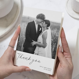 Personalisierte gefaltete Hochzeitsfoto Dankeskarten, Schwarz & Weiß Dankeskarten Hochzeit, bearbeitbare Dankeskarten, Dankeschön Karte