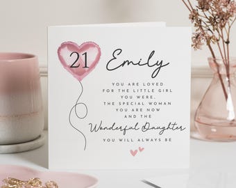 Tarjeta de cumpleaños número 21 para hija, tarjeta de cumpleaños personalizada para ella, tarjeta de cumpleaños personalizada para hija, tarjeta de cumpleaños con poema sencillo, tarjeta con globo