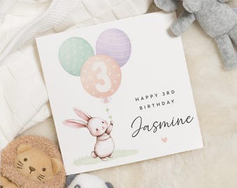 3rd Birthday Card for Girl, Bunny Birthday Card, Personalised 3rd Birthday Card, Cute Birthday Card for Daughter, Animal Birthday Card