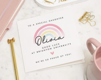 Personligt lycka-kort, dotters universitetslycka-kort, lycka till på universitetet, lycka till-present, iväg till universitetet-present dotter