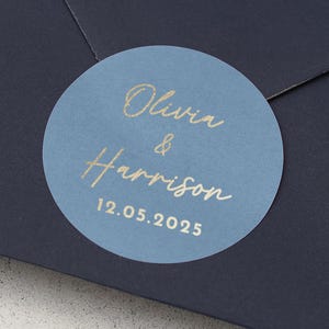 Adesivo personalizzato per matrimonio, etichetta per matrimonio con nome personalizzato, sigillo per busta in lamina d'oro, adesivo per matrimonio blu, adesivo moderno per bomboniere