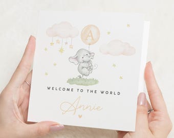 Personalised New Baby Girl Card, Elephant Baby Card, Hello Baby Card, Personalised Baby Girl Gifts, Welcome To The World Card Baby