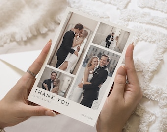 May include: Thank you card with a collage of wedding photos. The card has a white background with black text that reads "Thank You Olivia & Mark 01.07.2025".
