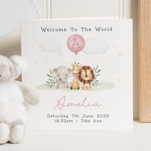 Personalised New Baby Card, Welcome To The World Card, Baby Girl Card, Animal Card, Safari Card, Custom Name Card, Birth Announcement Card