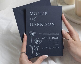 Navy Blue Wedding Invitations, Floral Line Art Wedding Invites, Elegant Botanical Wedding Stationery, Personalised Invitation Suite