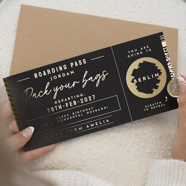 Carte à gratter pour les fêtes, Carte à gratter carte d'embarquement, Carte à gratter pour les fêtes, Carte à gratter pour les fêtes, Carte à gratter pour les fêtes, Billet d'avion, Billet d'avion, Cadeau de révélation de voyage surprise