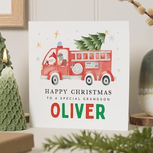 Enkel Weihnachtskarte, Weihnachtskarte für Enkel, Feuerwehrauto Weihnachtskarte, kleiner Junge Weihnachtskarte, Enkel Weihnachtskarte 2024