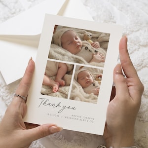 Cartes de remerciement modifiables pour nouveau-né, carte de remerciement pour nouveau-né fille, carte postale de remerciement personnalisée, nouveau-né, carte de remerciement