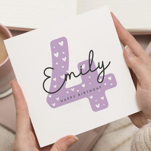 Tarjeta de 4.º cumpleaños para niña, tarjeta de cumpleaños personalizada, tarjeta de cumpleaños para hija, tarjeta de cumpleaños con nombre personalizado, tarjeta de cumpleaños bonita