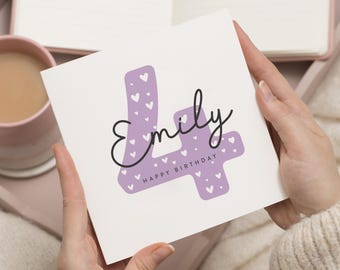 4th Birthday Card for Girl, Personalised Birthday Card, Birthday Card for Daughter, Custom Name Birthday Card, Cute Birthday Card
