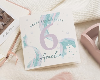 Mermaid Birthday Card, 6th Birthday Card For Girl, Daughter 6th Birthday Card, For Niece, 6th Birthday Gift, Granddaughter, Goddaughter