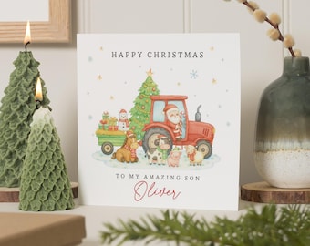 Christmas Card for Son, Personalised Son Christmas Card, Tractor Christmas Card, Farm Animal Christmas Card, Santa Card