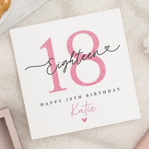 Tarjeta de cumpleaños número 18, tarjeta de cumpleaños para ella, tarjeta personalizada de cumpleaños número 18, tarjeta de cumpleaños para hija, tarjeta de cumpleaños rosa