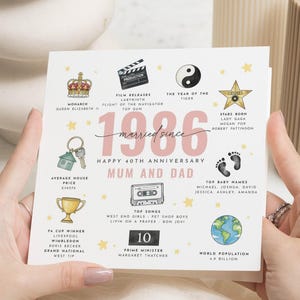 Könnte beinhalten: Eine quadratische Karte mit Illustrationen und Text zur Feier eines 40. Jahrestages. Die Karte zeigt Zeichnungen einer Krone, einer Filmklappe, eines Yin-Yang-Symbols, eines Sterns, von Schlüsseln, einer Trophäe, einer Kassette, Fußabdrücken und einem Globus. Der Text enthält "1986 verheiratet seit" und "Mama und Papa".
