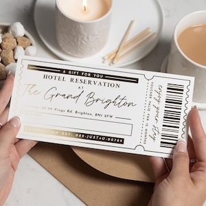 Personalised Hotel Reservation Gift Voucher, Gold Foil, Weekend Away Gift, Custom Holiday Reveal