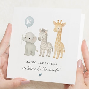 Cartão de recém-nascido, cartão personalizado para bebê, cartão de boas-vindas ao mundo, cartão para menino, cartão de animal de safári, cartão de elefante, girafa e zebra