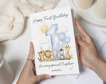 1st First Birthday Card for Nephew, Personalised Nephew Birthday Card, Safari Birthday Card, Jungle Animal Birthday Card for Boy