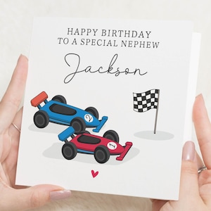 Cartão de aniversário para sobrinho, cartão de aniversário personalizado com carro de corrida, cartão de aniversário para menino, cartão de aniversário especial para sobrinho