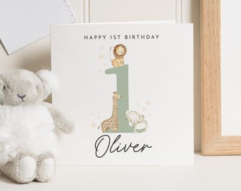 1st Birthday Card for Boy, Personalised Safari Birthday Card, First Birthday Card, Animal Birthday Card, Birthday Card for Son, Jungle Card