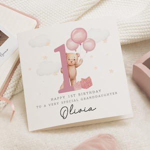 Cartão de 1º aniversário para neta, Cartão personalizado de primeiro aniversário, Cartão de aniversário fofo de urso para menina, Cartão de 1º aniversário para ela