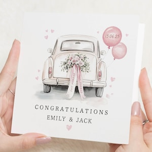 Cartão de dia do casamento, parabéns pelo seu cartão de casamento, carro de casamento feliz, presente de casamento para amigos, cartão de presente de casamento para casal amigo