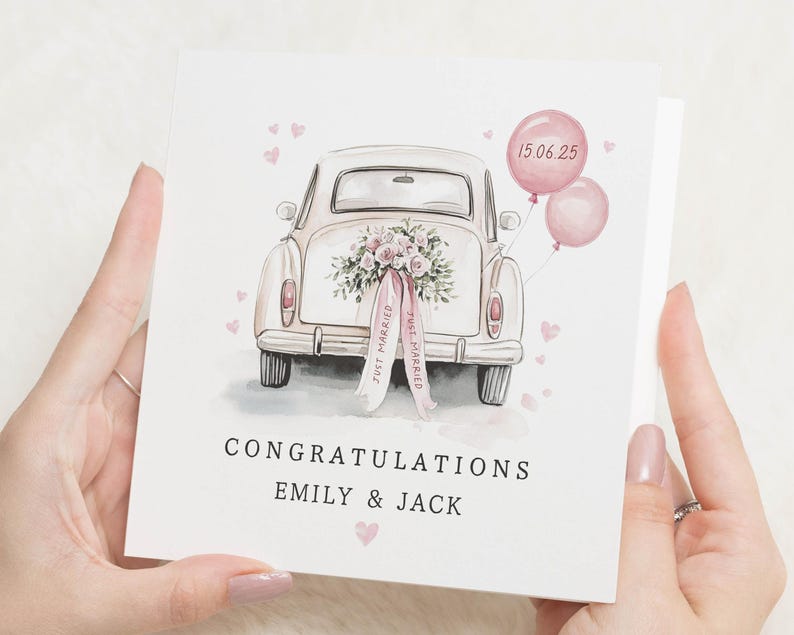 Carte de mariage, Félicitations pour votre mariage, Voiture de mariage heureux, Cadeau de mariage pour amis, Carte-cadeau de mariage pour couple, Ami image 1