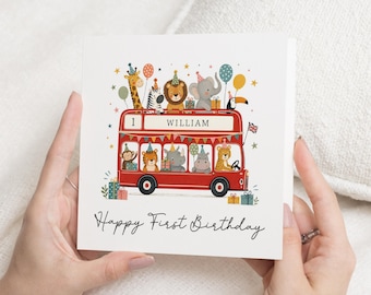 1st Birthday Card, First Birthday Card, Personalised Birthday Card, London Bus Birthday Card, Safari Animals Card, Boy or Girl Card