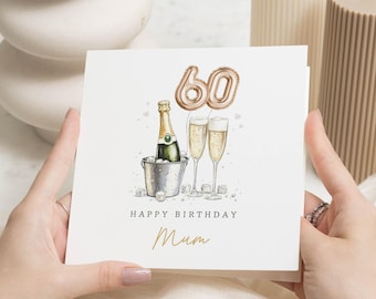 Tarjeta de cumpleaños número 60 para mamá, Tarjeta de cumpleaños para ella, Tarjeta de cumpleaños con champán, Tarjeta de cumpleaños número 60 personalizada, Tarjeta para celebrar un hito en la vida de mamá
