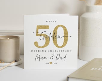 Golden Wedding Anniversary Card, 50th Anniversary Card for Mum and Dad, Personalised 50th Wedding Card, Golden Anniversary Card