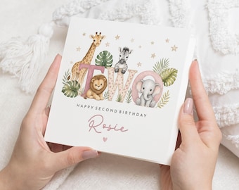 Personalised 2nd Birthday Card for Girl, Second Birthday Card, Safari Birthday Card for Daughter, Granddaughter, Niece, Jungle Animals Card