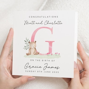 New Baby Card, Personalised Baby Girl Card, Birth Congratulations Card, Teddy Bear Card, Custom Name Card, Baby Announcement Card