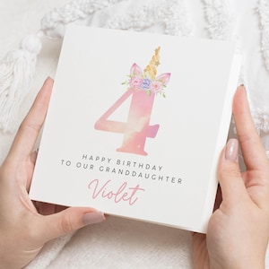 Cartão de aniversário de 4 anos para menina, cartão de aniversário de unicórnio para filha, presente de quarto aniversário para menina, presente de 4º aniversário, neta, cartão para meninas