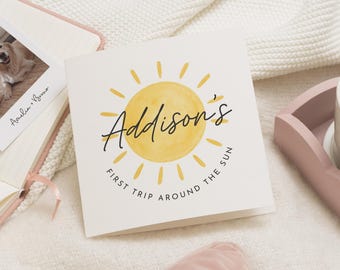 Erste Reise um die Sonnenkarte, personalisierte 1. Geburtstagskarte, Geburtstagskarte für Mädchen, Geburtstagskarte für Jungen, Sonnen-Geburtstagskarte