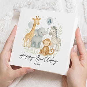 Carte d'anniversaire pour garçon, carte d'anniversaire safari personnalisée, carte d'anniversaire animal de la jungle, jolie carte d'anniversaire pour enfant, singe éléphant girafe