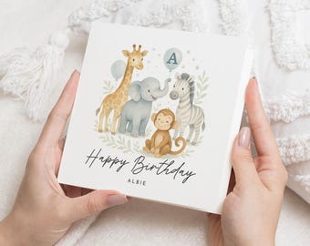 Geburtstagskarte für Jungen, personalisierte Safari-Geburtstagskarte, Dschungeltier-Geburtstagskarte, süße Geburtstagskarte für Kinder, Giraffe, Elefant, Affe