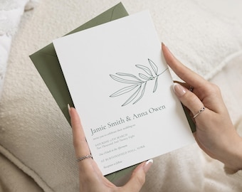 Sage Green Botanical Wedding Invitations, Minimal Greenery Wedding Invite, Elegant Olive Branch Invitation Suite, Personalised Invites