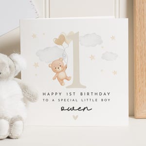 Cartão de 1º aniversário para menino, Cartão personalizado de primeiro aniversário, Cartão de aniversário para filho, Cartão de aniversário fofo de urso, Cartão especial para menino