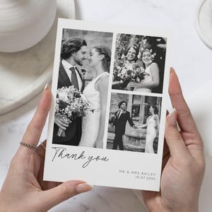 Cartes de remerciement noir et blanc Photo de mariage, cartes de remerciement modifiables, cartes de remerciement avec photo de mariage personnalisées, cartes de remerciement photo simples