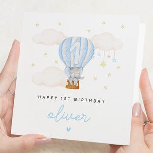 Cartão de 1º aniversário, Cartão de aniversário personalizado para menino, Cartão de aniversário de elefante, Cartão de aniversário para filho, Cartão de aniversário de animal fofo