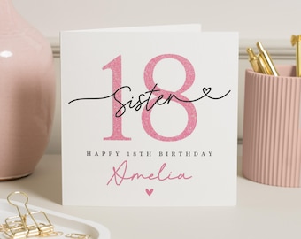 18th Birthday Card for Sister, Personalised 18th Birthday Card, Pink Glitter Effect, Custom Birthday Card for Her