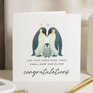Carte de naissance, Carte de félicitations pingouin, Carte de bébé personnalisée, Carte de naissance pour les parents, Carte d'animal mignon, Carte de famille