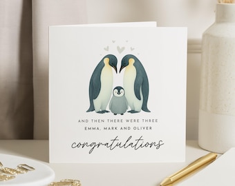 New Baby Card, Penguin Congratulations Card, Personalised Baby Card, New Baby Card for Parents, Cute Animal Card, Family Card