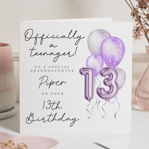 Cartão de aniversário de 13 anos para neta, cartão de aniversário personalizado para adolescente, cartão de aniversário de 13 anos para menina, cartão de aniversário com balão roxo