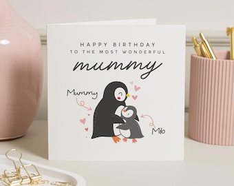 Mummy Birthday Card, Cute Birthday Card For Mummy, Mum Birthday Card Penguins, Amazing Mum Birthday Card, Personalised Happy Birthday Mummy